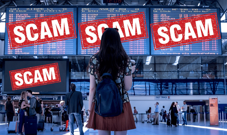 a woman standing in front of a large screen with scam, scam