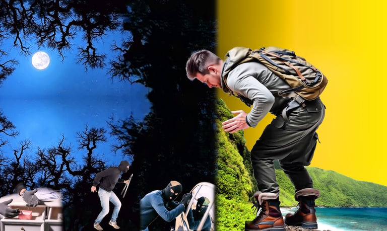 a hiker looks behind a tropical island's mountain, to see what lurks behind