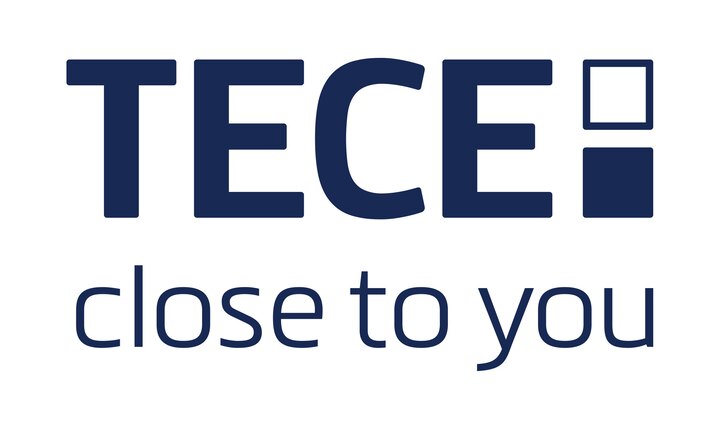 TECE logo with the slogan close to you in blue text on a white background for sanitary technology products.