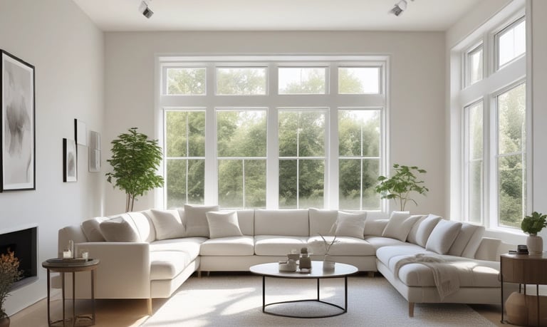 A cozy living room with freshly painted soft blue walls and crisp white trim.