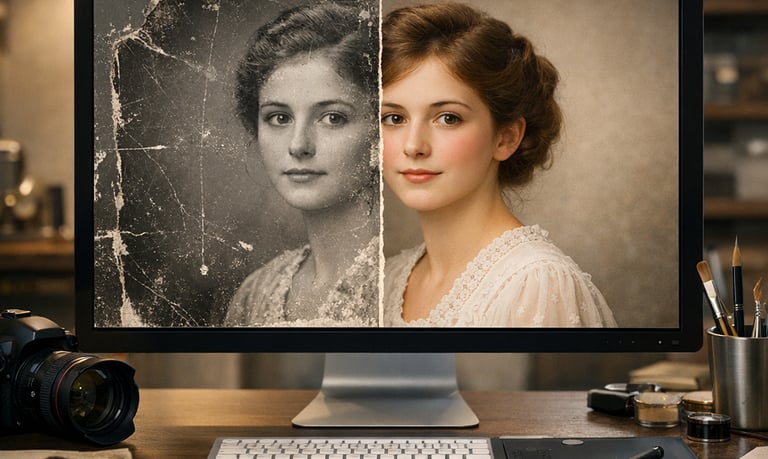 Professional old photo restoration showing a side-by-side comparison of a damaged portrait and repaired digital image.