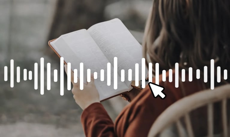Woman reading a printed book with a digital audio wave overlay representing an audiobook or text-to-speech.
