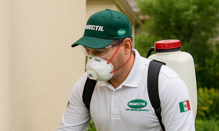 técnico realizando servicio de fumigación en jardín