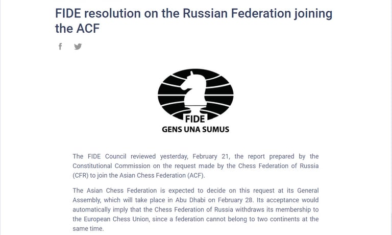 FIDE resolution on the Russian Federation joining the ACF
