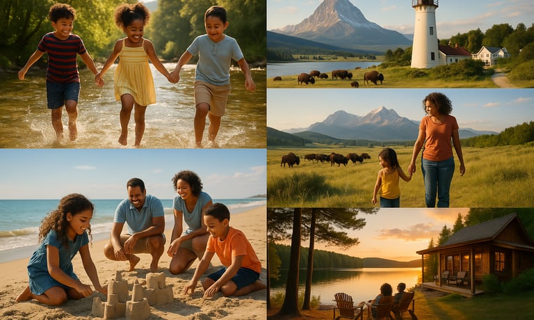 Diverse American family vacation scenes including a river swim, mountain wildlife, quiet beach, coastal lighthouse, and lakes