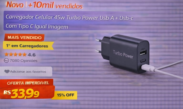 Black 45W Turbo Power wall charger with USB-A and USB-C ports for mobile phones.