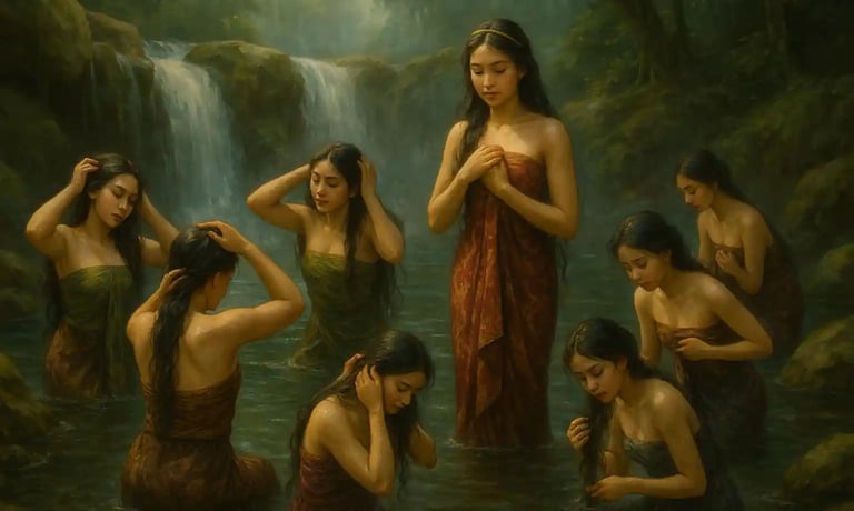 Tanah Tumatenden Karema turun ke bumi bersama enam saudarinya, mandi di sebuah air terjun yang jernih di tempat yang sekarang