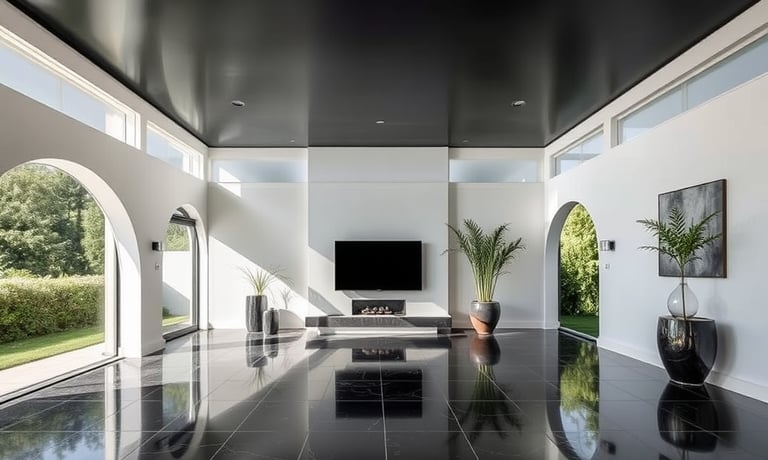 Wohnzimmer mit Akustik-Spanndecke in schwarz matt