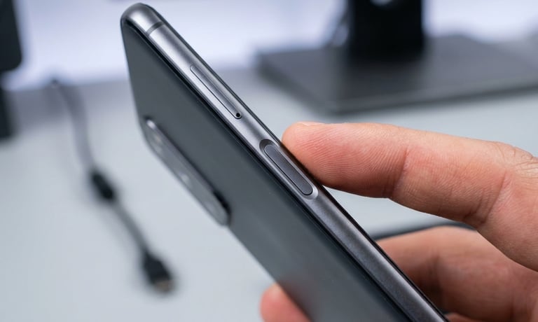 Dedo tocando no sensor de digital lateral de um telemóvel.