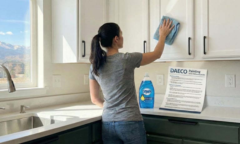 Homeowner cleaning white upper and moody green lower kitchen cabinets with a microfiber cloth 
