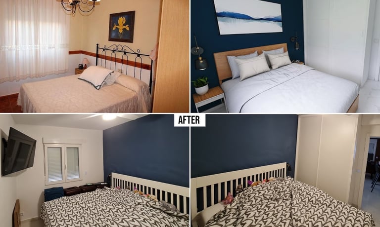 Bedroom before and after villa reform in La Marina, updated from a dated cream interior to a modern