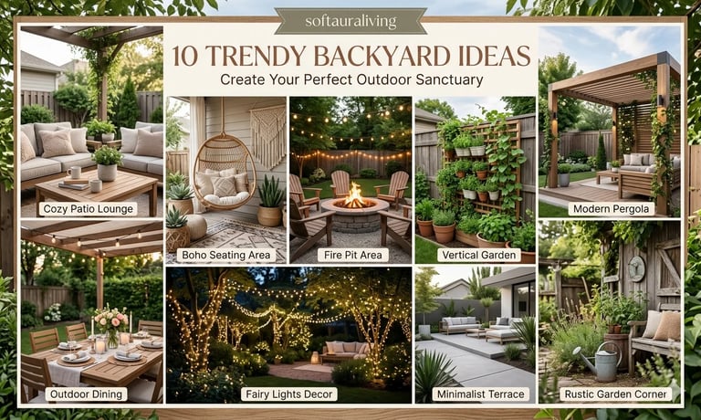 Outdoor home decor ideas 2026 featuring stylish backyard with cozy seating, plants, and modern light