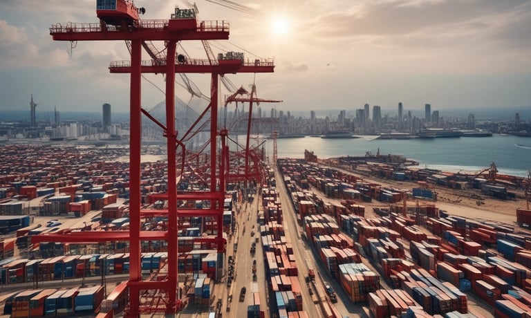Modern office workspace with international trade documents and a laptop.