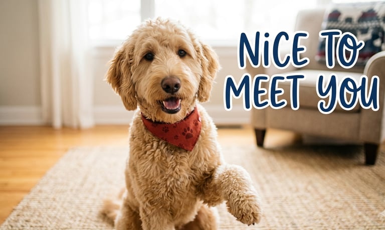 Friendly goldendoodle dog wearing a red bandana shaking paws with Nice To Meet You text.