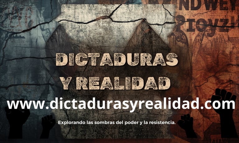 Dictaduras y Realidad banner with raised fists and text exploring power and resistance.