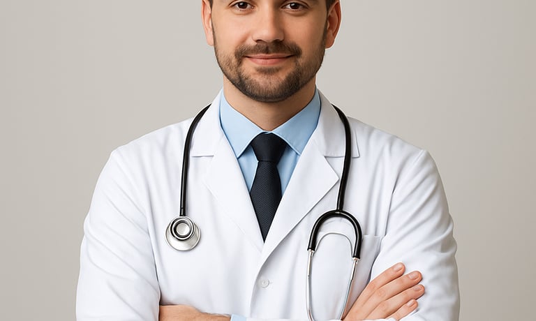 Professional portrait of the lead doctor in a warm clinic setting with saffron orange accents.