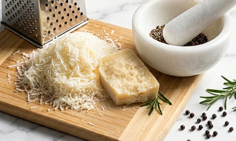 Freshly grated parmesan cheese on a wooden board with a mortar, pestle, and black peppercorns.