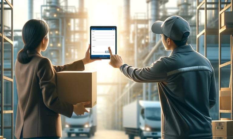 2 personnes de l'industrie du transport qui utilisent une tablette pour gérer la livraison, 