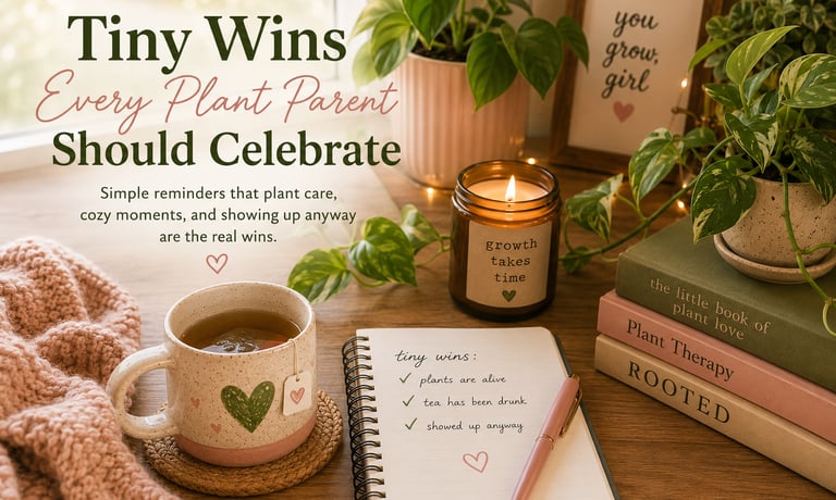 Cozy plant care corner with a cup of tea, candle, journal, and thriving houseplants