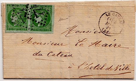 Letter from and to LE CATEAU franked at 10 c with 2 Bordeaux type 5 c stamps.