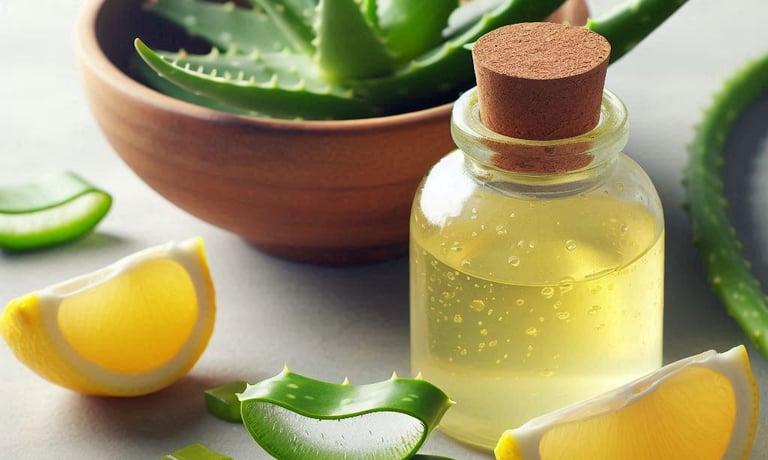 aloe vera leaves in bowl and lemon juice in glass bottle