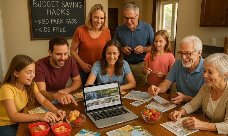 A large multi-generational family gathered around a kitchen table in a vacation rental, using a laptop, maps, and brochures t