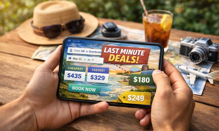 Hands holding a smartphone showing “Last Minute Deals” flight prices