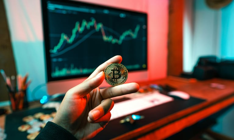 a person holding a bitcoin coin in their hand