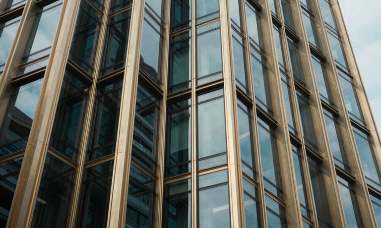Macro photography of a modern architectural facade in a luxury Thai commercial district. Sleek steel and glass reflecting a muted blue sky, accented by champagne gold structural elements. Professional and clean composition. Asia Pacific / Thai.