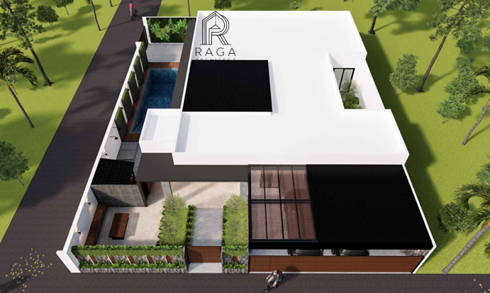 Rumah hunian modern berukuran luas dengan kolam renang di halaman belakang dan taman hijau yang rapi