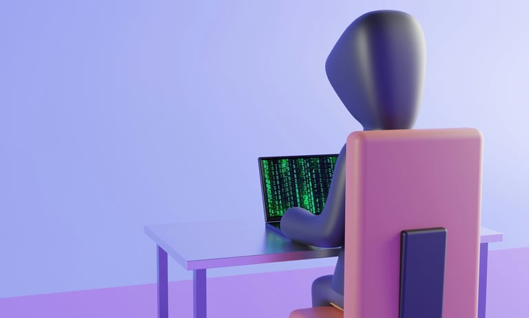 Hacker con laptop de espalda