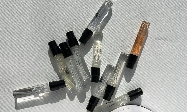 Una variedad de pequeños frascos de muestra de perfume esparcidos.