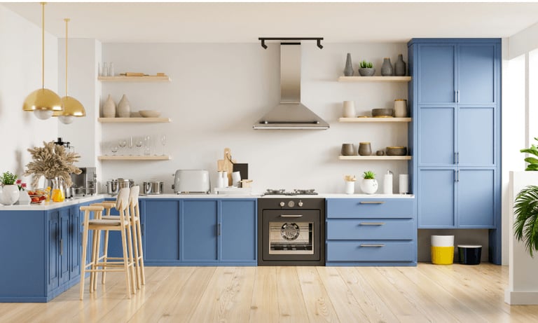 Modern kitchen featuring blue cabinets, open wooden shelving, and stainless steel appliances.