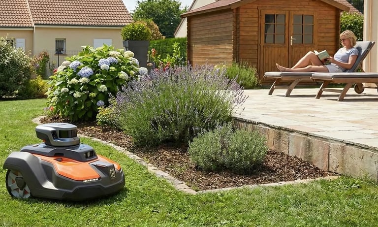 Robot tondeuse autonome tondant le jardin pendant qu’une personne âgée se repose