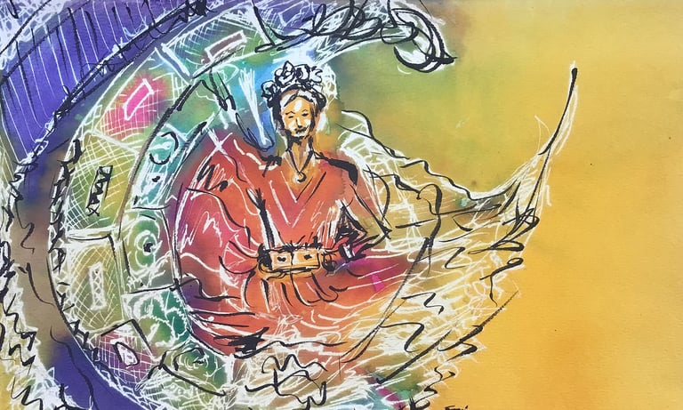 "Celebrating the cultural richness of her land." A colorful and festive work.