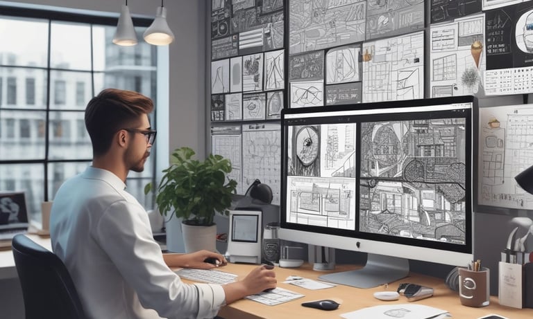 Instructor guiding a small group through a graphic design workshop.