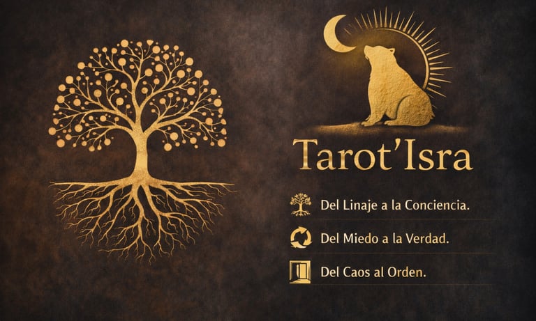 Tarot Isra logo featuring a golden tree of life, bear under a crescent moon, and spiritual Spanish text.