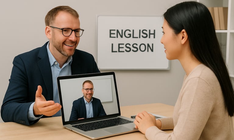English teacher working with a student on a laptop, practising real-life English skills