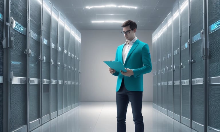 A person stands in a professional setting holding a blue folder. They are wearing a teal blazer over a white shirt and jeans. The background features glass walls and what appears to be a server room with blue lighting, suggesting a technological or business environment.
