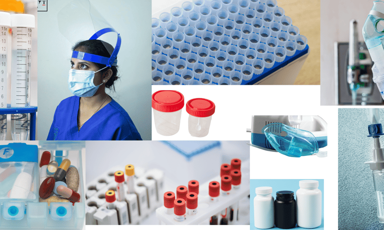 a collage of images of plastic  medical equipment made through injection molding