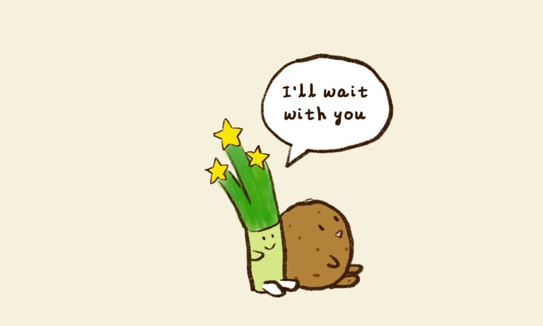 Baby leek waits with baby Potato when he waits for Baby Leek Goes to Nursery School to be published
