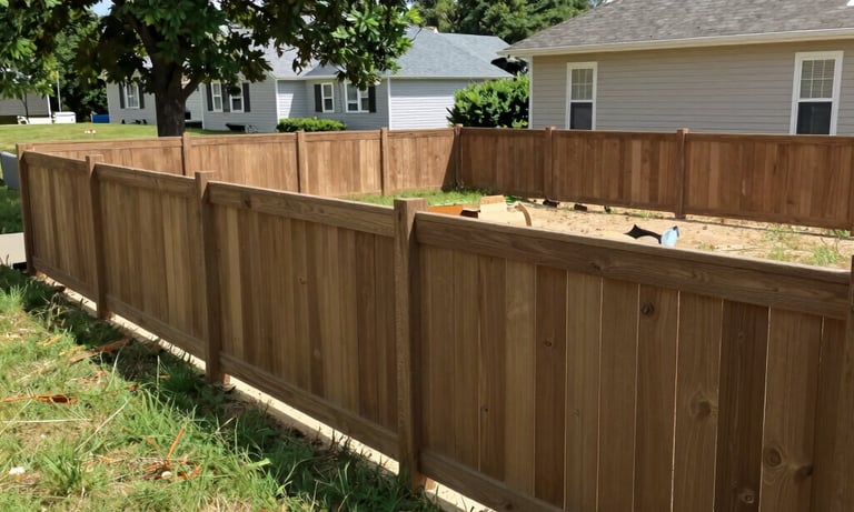 A backyard residential wooden privacy fence installed on a grassy lawn near suburban homes.