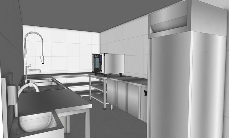 Modélisation 3D d'une zone de plonge et cuisson en cuisine professionnelle