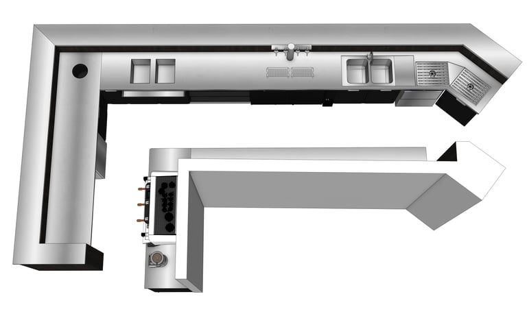Implantation 3D d'un bar lounge avec comptoir de service, zone de préparation et mobilier sur mesure