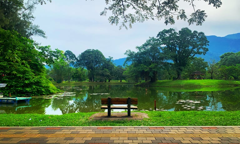 Taiping Lake Garden  a bench with view of mountain and lakes
