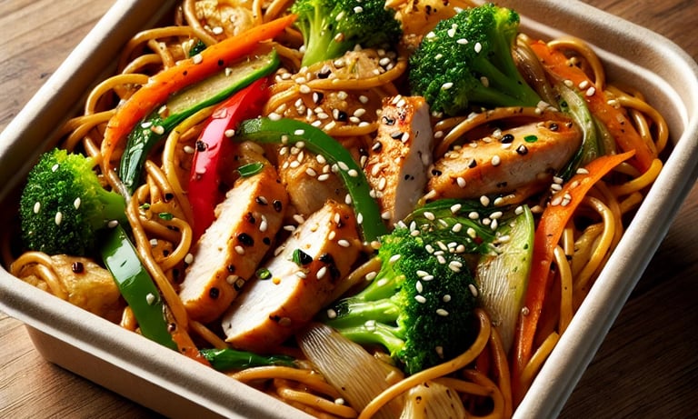 a bowl of noodles with chicken and vegetables