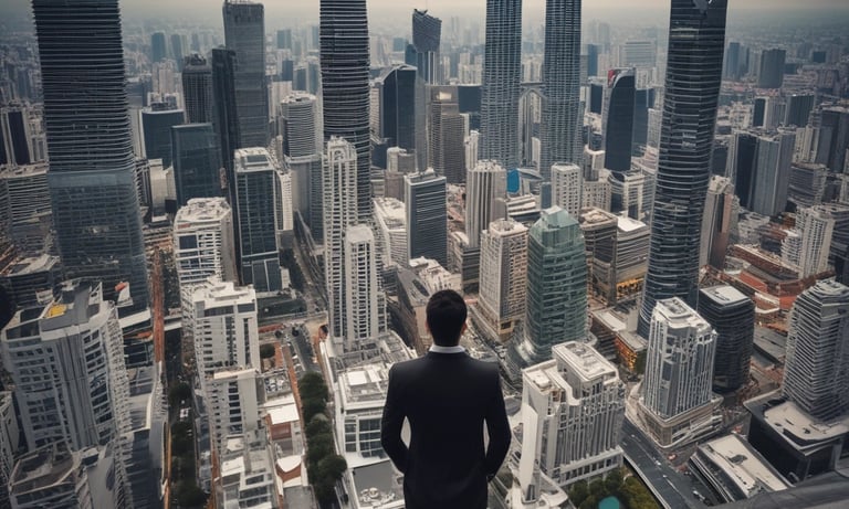 Cozy urban apartment interior with stylish furniture and large windows overlooking the city.