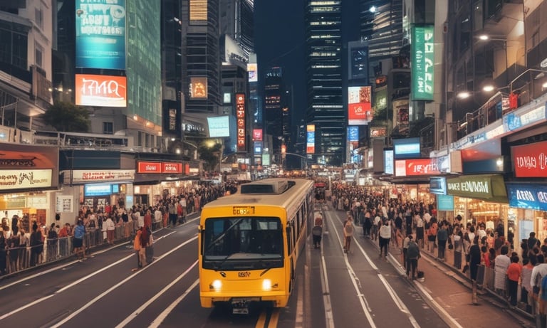 Modern high-rise apartment building with city skyline in the background during sunset.