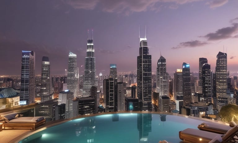 Cozy urban apartment interior with stylish furniture and large windows overlooking the city.