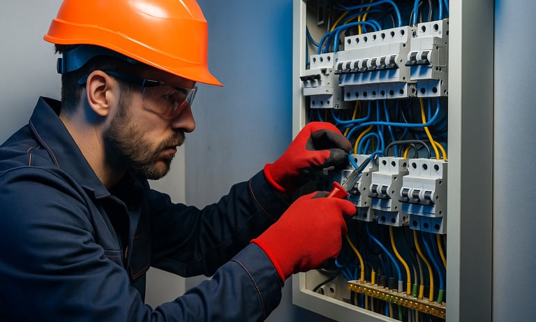 Ein Elektriker arbeitet an einer Schalttafel in Deutschland – feste Anstellung bei einem seriösen Ar